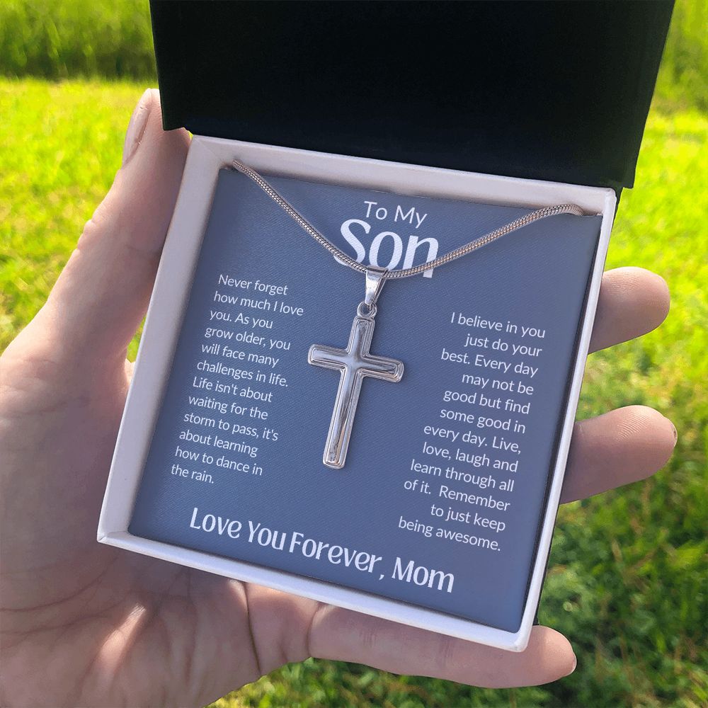 To My Son Love You Forever, Mom Artisan Crafted Stainless Steel Cross Necklace