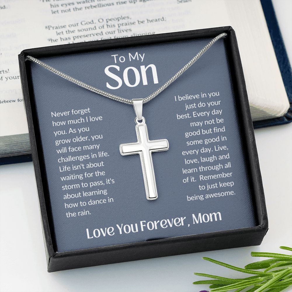 To My Son Love You Forever, Mom Artisan Crafted Stainless Steel Cross Necklace