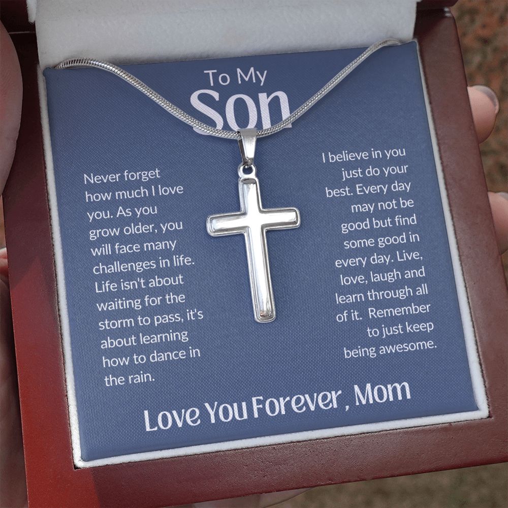 To My Son Love You Forever, Mom Artisan Crafted Stainless Steel Cross Necklace