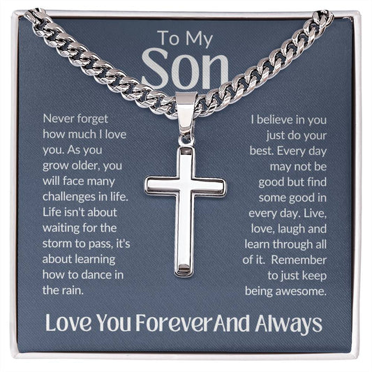 To My Son Love You Forever Personalized Steel Cross Necklace on Cuban Change