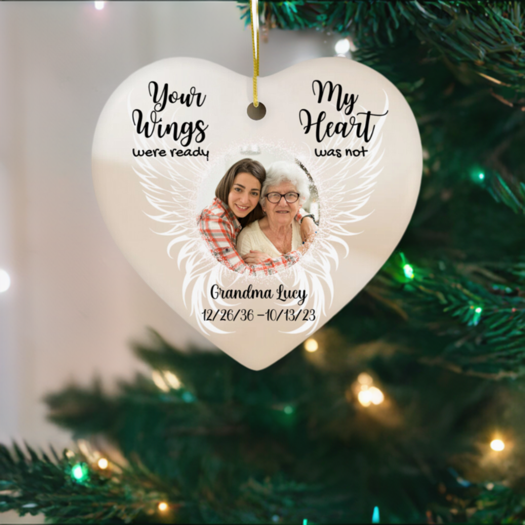 Personalized Your Wings Were Ready Heart Ceramic Ornament