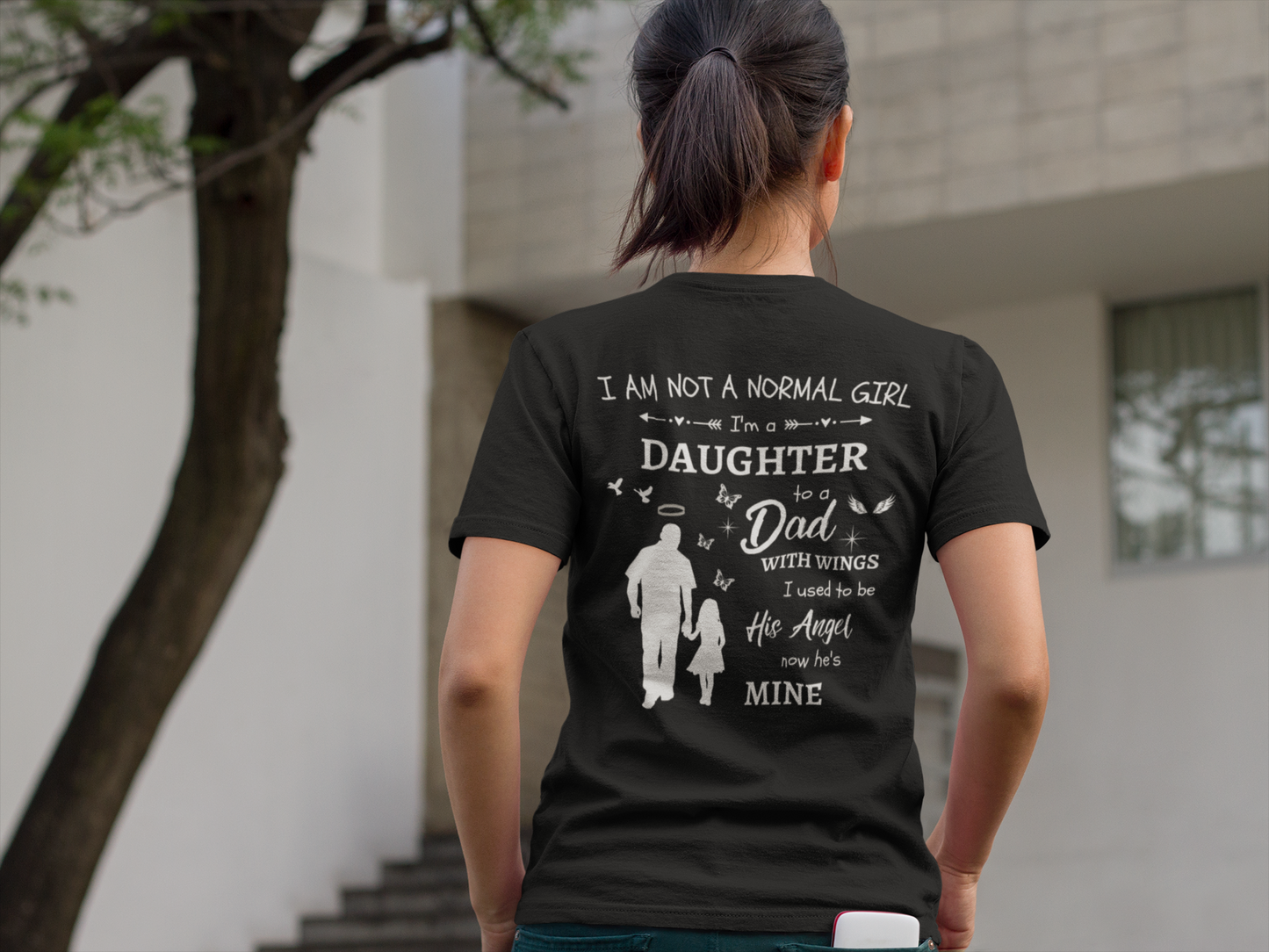 I Am Not A Normal Girl 4 Mom Angel G500 5.3 oz. Black T-Shirt With Mom's Name Across Her Heart