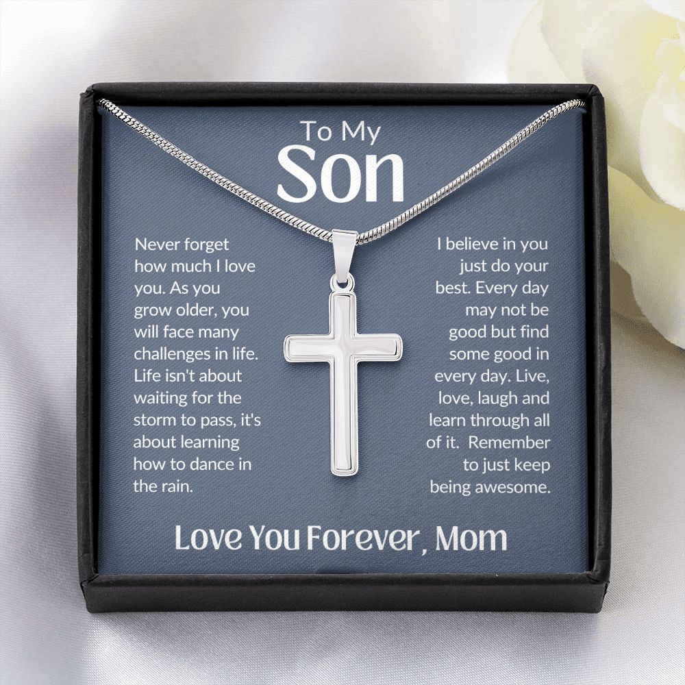 To My Son Love You Forever, Mom Artisan Crafted Stainless Steel Cross Necklace