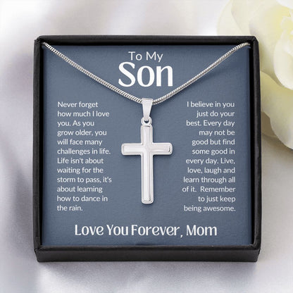 To My Son Love You Forever, Mom Artisan Crafted Stainless Steel Cross Necklace