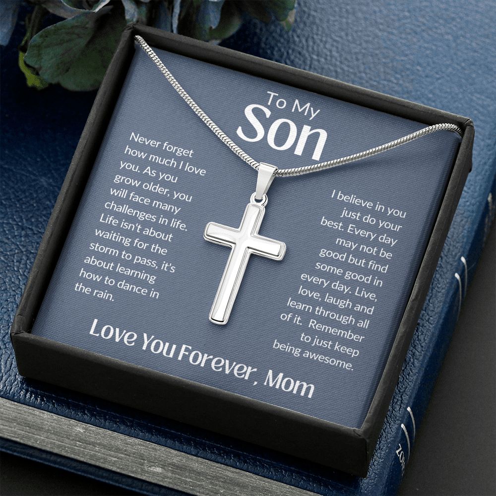 To My Son Love You Forever, Mom Artisan Crafted Stainless Steel Cross Necklace