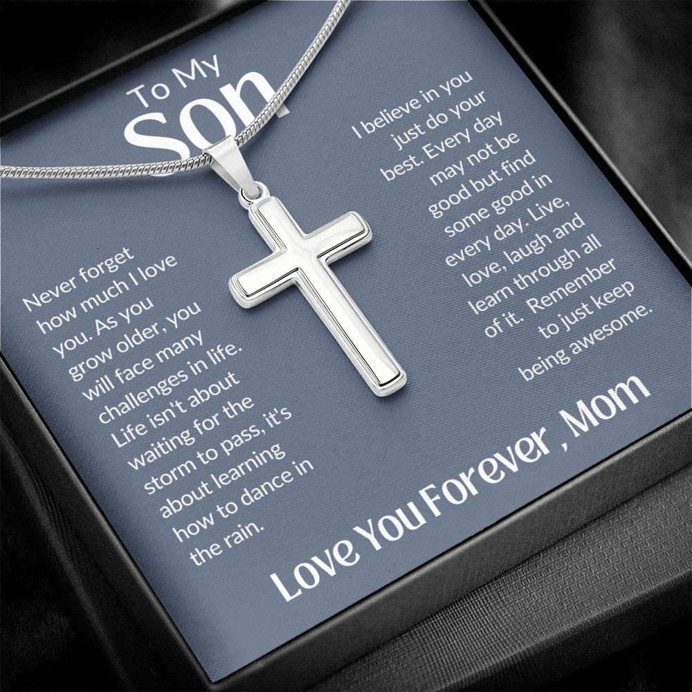 To My Son Love You Forever, Mom Artisan Crafted Stainless Steel Cross Necklace