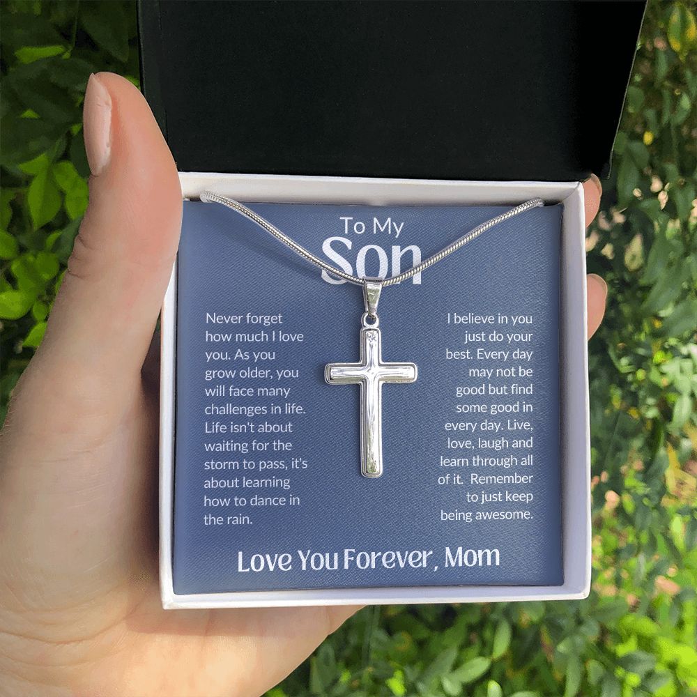 To My Son Love You Forever, Mom Artisan Crafted Stainless Steel Cross Necklace