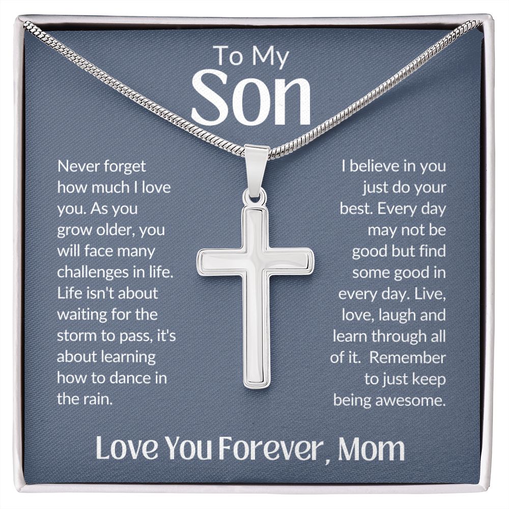 To My Son Love You Forever, Mom Artisan Crafted Stainless Steel Cross Necklace