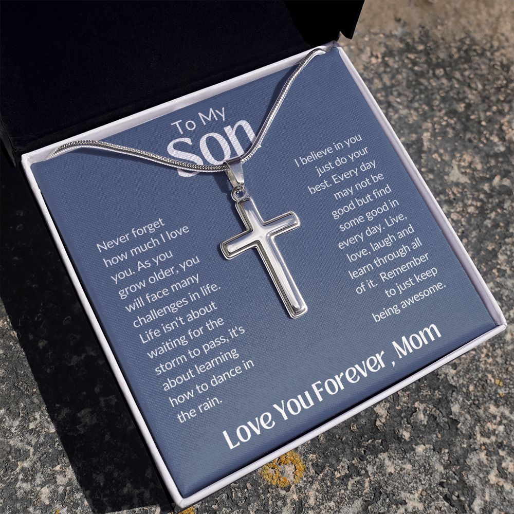 To My Son Love You Forever, Mom Artisan Crafted Stainless Steel Cross Necklace