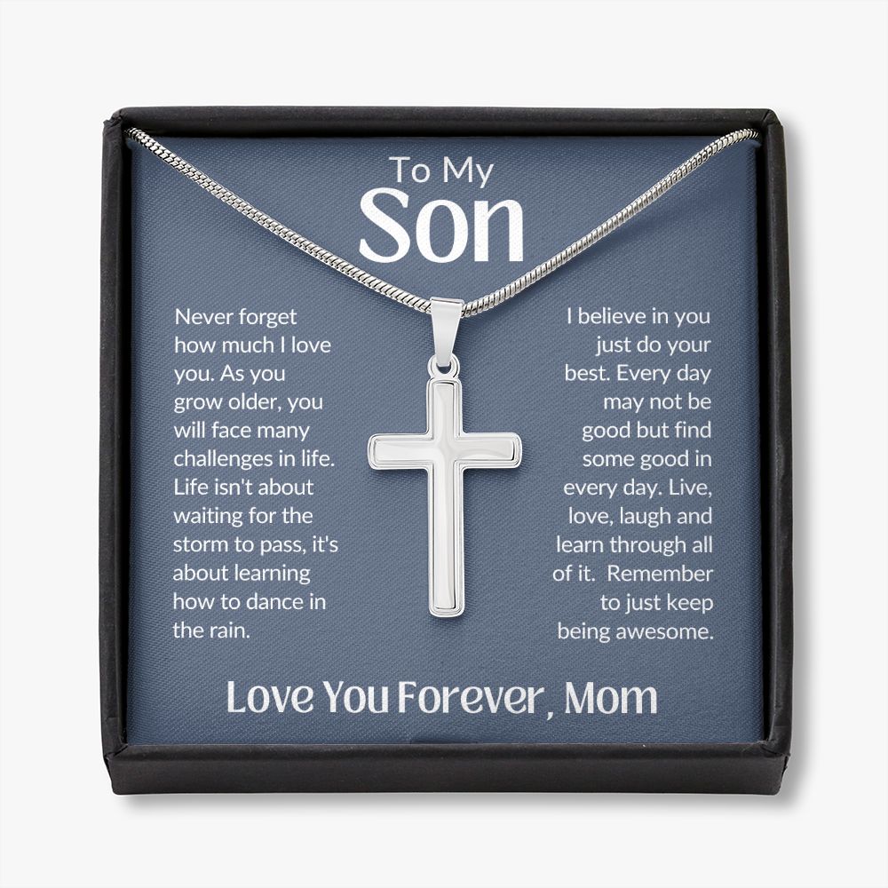 To My Son Love You Forever, Mom Artisan Crafted Stainless Steel Cross Necklace