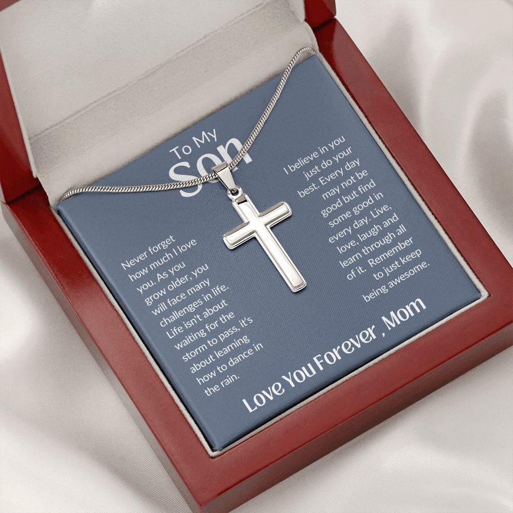 To My Son Love You Forever, Mom Artisan Crafted Stainless Steel Cross Necklace