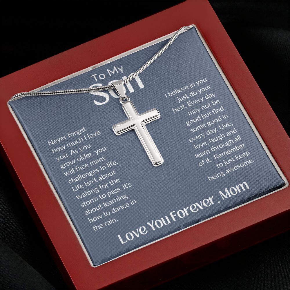 To My Son Love You Forever, Mom Artisan Crafted Stainless Steel Cross Necklace