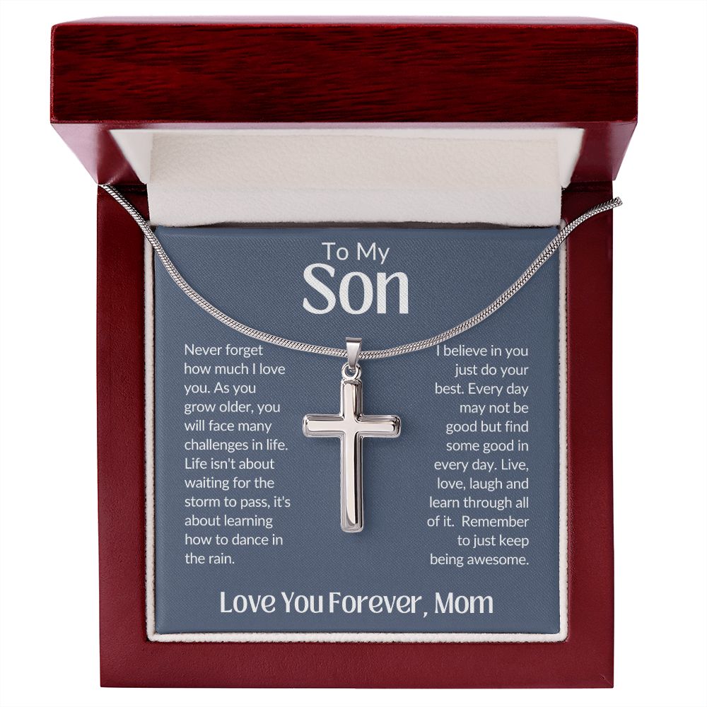 To My Son Love You Forever, Mom Artisan Crafted Stainless Steel Cross Necklace