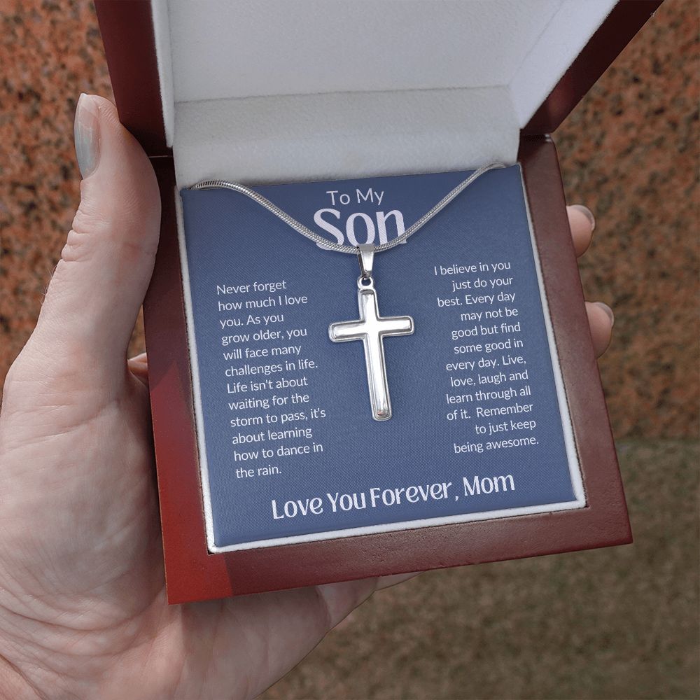 To My Son Love You Forever, Mom Artisan Crafted Stainless Steel Cross Necklace
